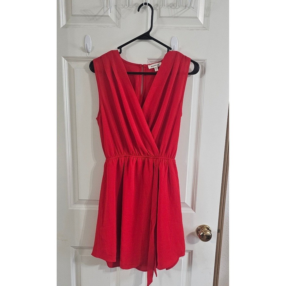 Monteau Los Angeles Red Sleeveless V-Neck Faux Wrap Dress Medium Style 58489